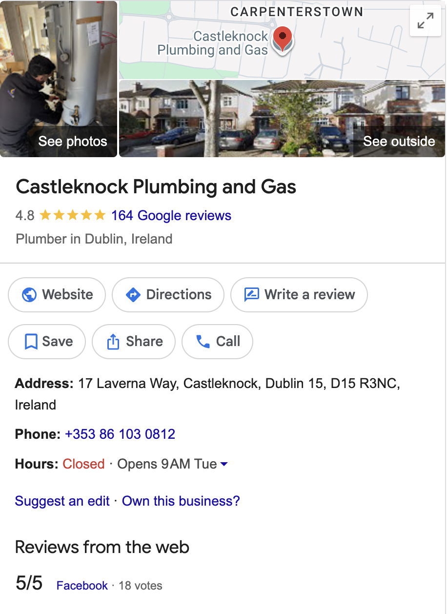 Google Business Profile for Castleknock Plumbing and Gas showing 4.8 stars from 164 reviews