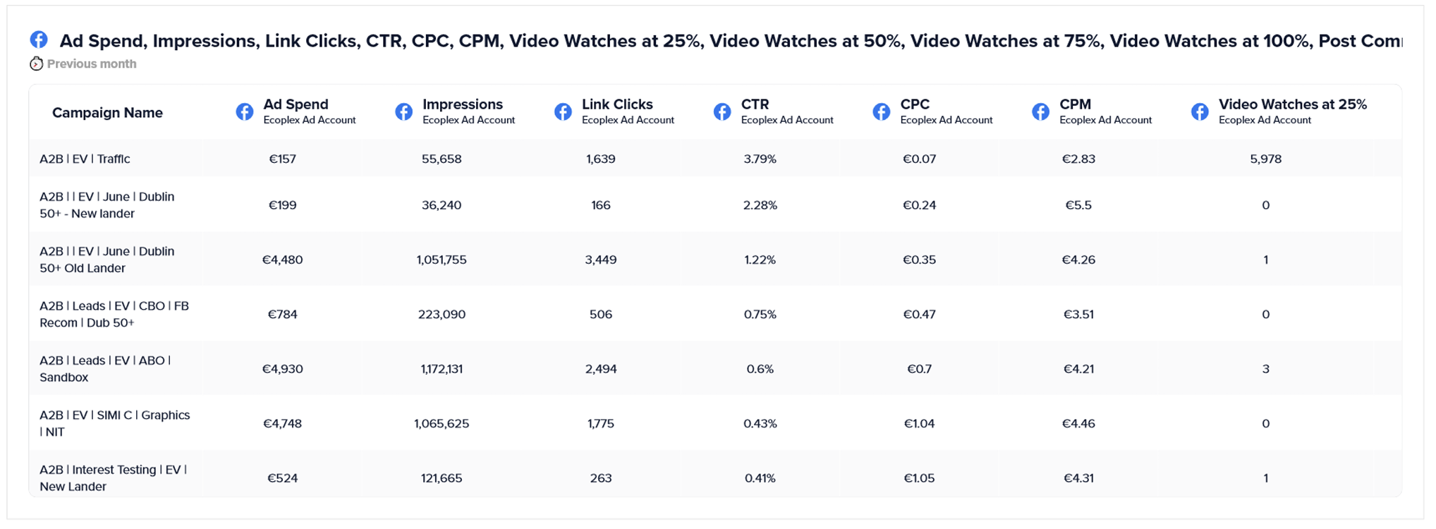 Meta campaign breakdown for a client ad account: seven concurrent campaigns with ad spend, impressions, link clicks, CTR, CPC, CPM and video watch depth tracked per campaign