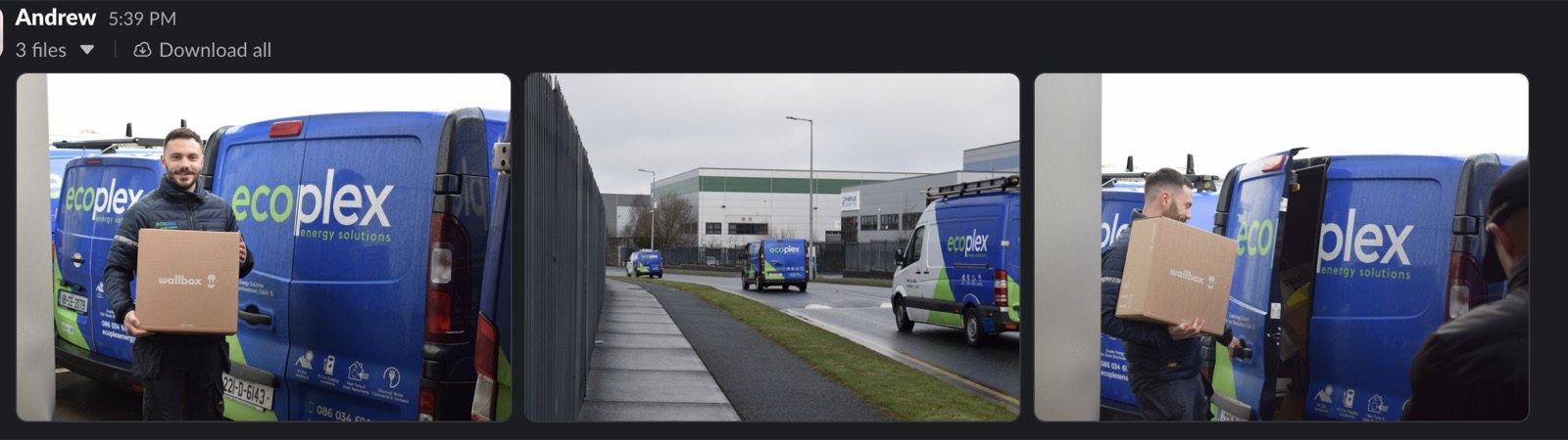 Ecoplex branded vans on the road, shared in the client Slack