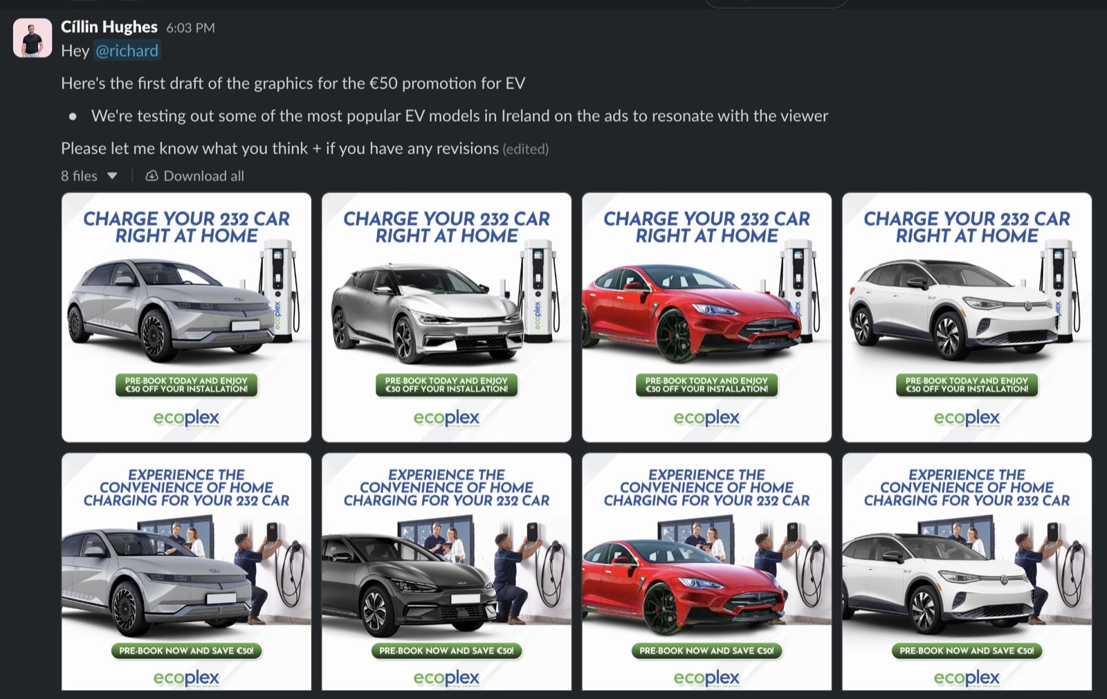 EV home-charger ad creatives for the €50 promotion, shared in Slack