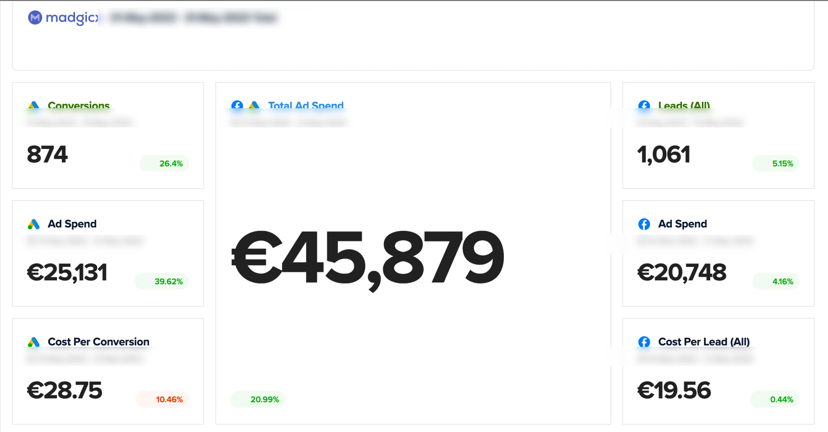 Reporting dashboard for the Ecoplex account: €25,131 Google ad spend, 874 conversions at €28.75, alongside the Meta side of the same month