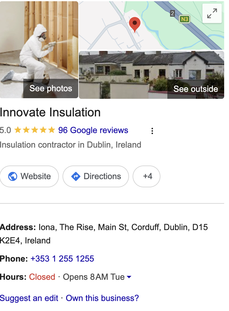 Google Business Profile for Innovate Insulation showing 5.0 stars from 96 reviews