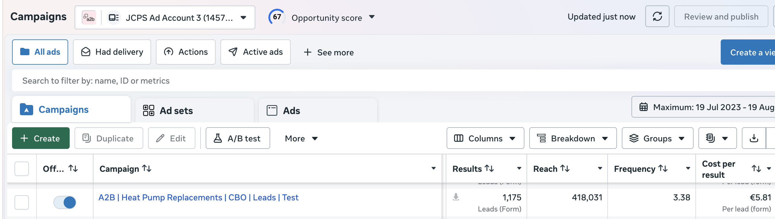 Meta Ads Manager: A2B heat pump replacements campaign for JCPS Mechanical - 1,175 leads at €5.81 per lead, 418,031 reach