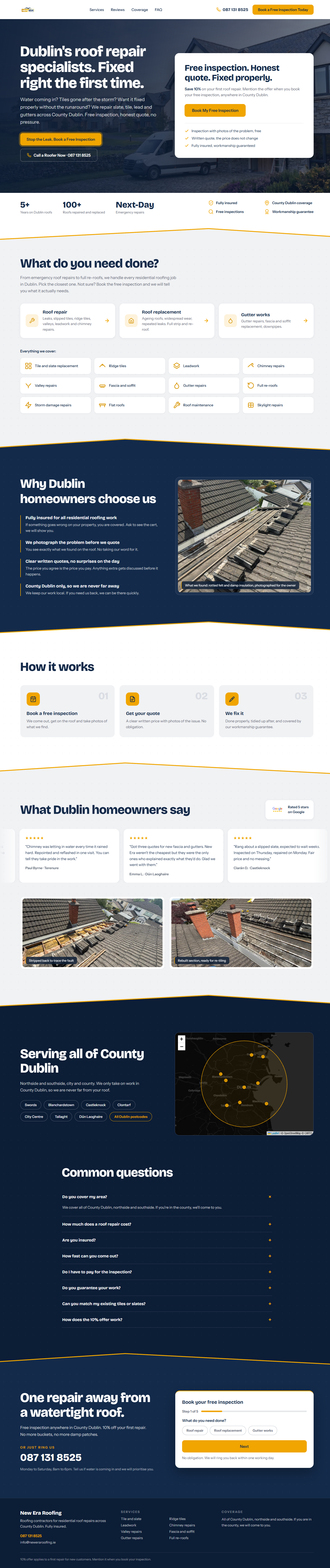 New Era Roofing landing page - Dublin's roof repair specialists, fixed right the first time, with a free inspection booking form