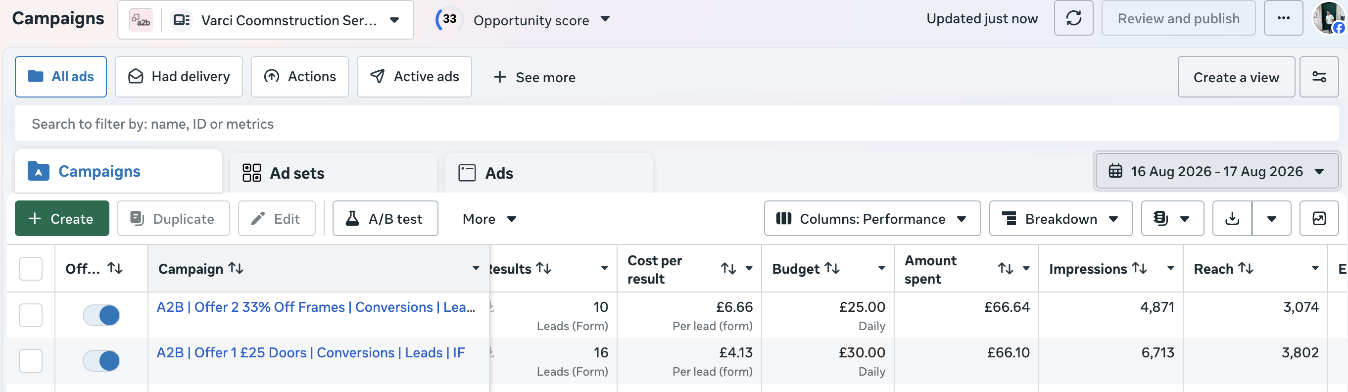 Meta Ads Manager: two A2B campaigns for Varci Construction - 16 and 10 leads at £4.13 and £6.66 per lead from £132 spent in the period shown