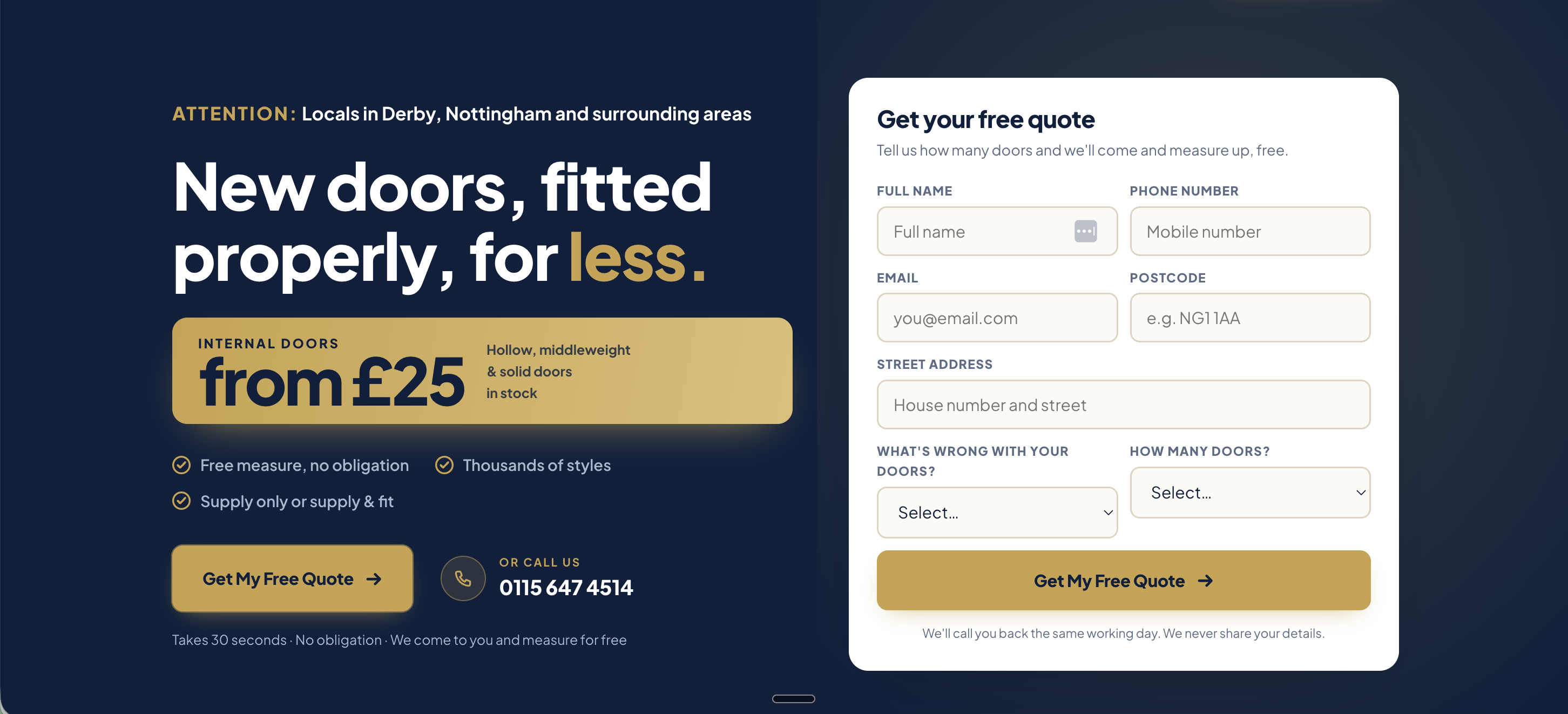 Varci landing page hero - New doors, fitted properly, for less, with the free quote form
